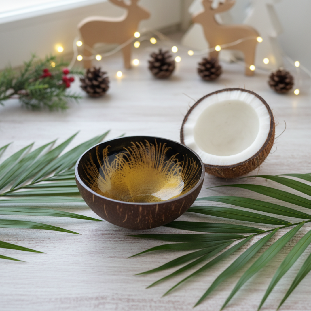 Kokosnuss Schale AMBER Splash gold inkl. Untersetzer aus Kokosfasern – Bild 8