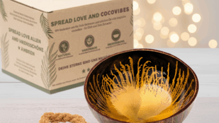 Kokosnuss Schale AMBER Splash gold inkl. Untersetzer aus Kokosfasern