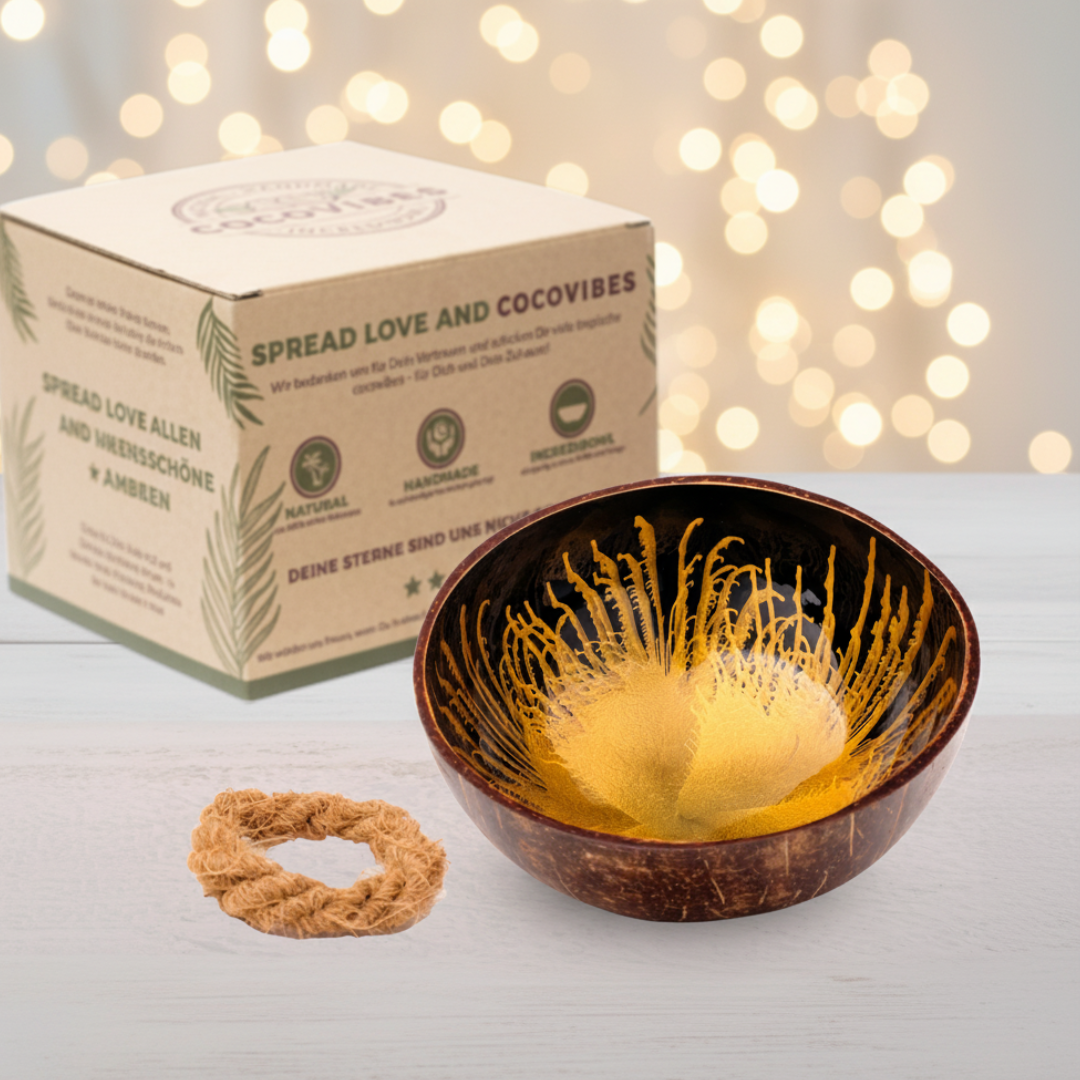 Kokosnuss Schale AMBER Splash gold inkl. Untersetzer aus Kokosfasern