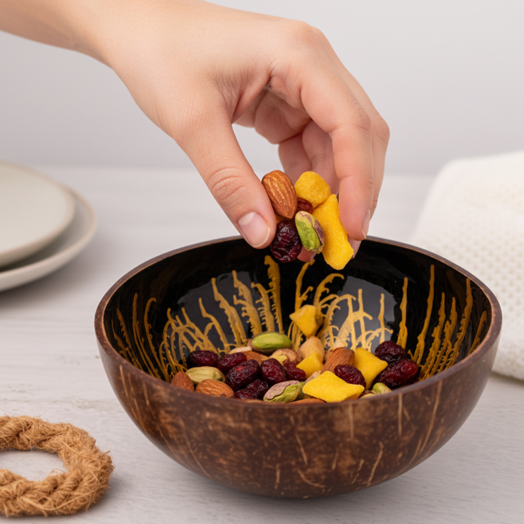 Kokosnuss Schale AMBER Splash gold inkl. Untersetzer aus Kokosfasern – Bild 5