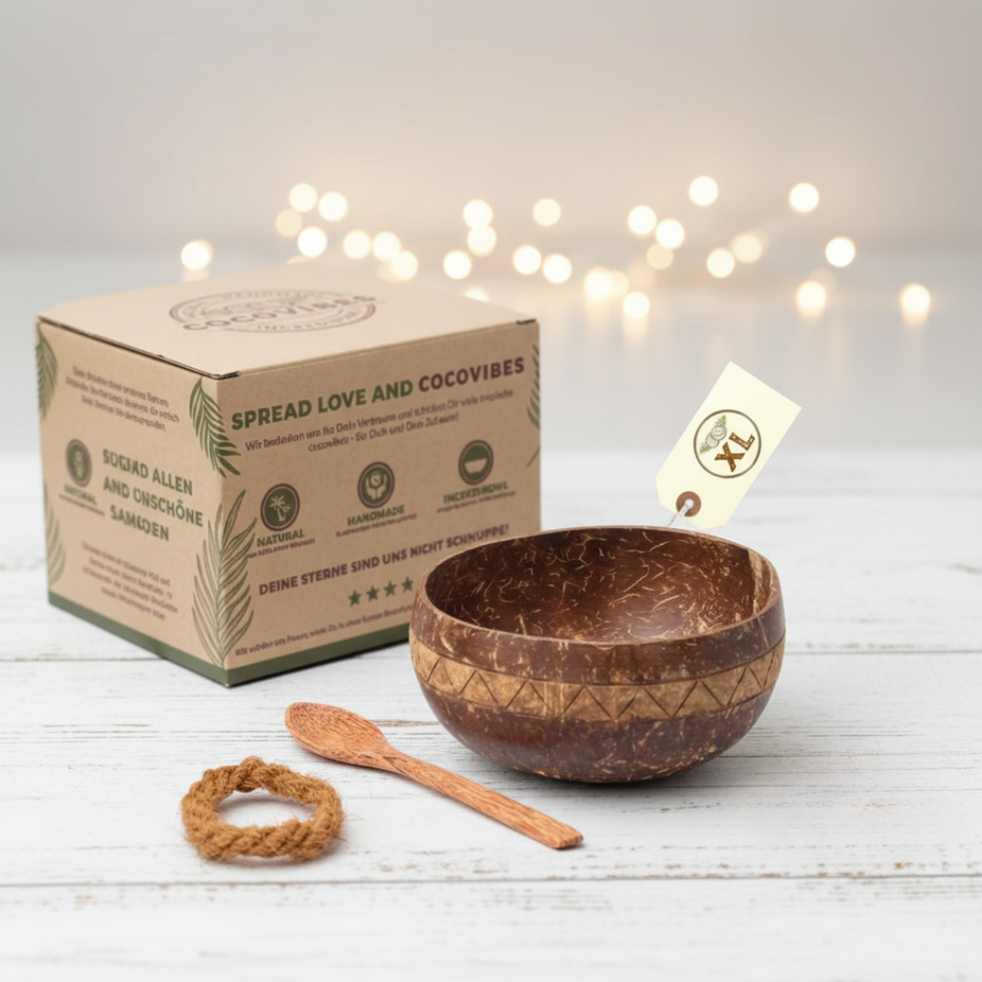 Jumbo Kokosnuss Schale ARUBA inkl. Kokosholzlöffel und Untersetzer aus Kokosfasern
