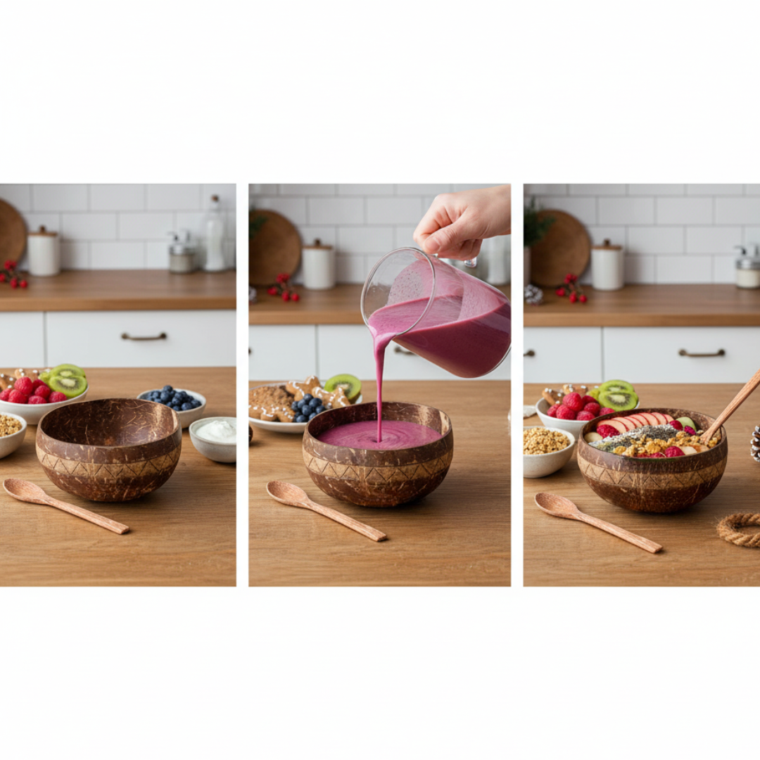 Jumbo Kokosnuss Schale ARUBA inkl. Kokosholzlöffel und Untersetzer aus Kokosfasern – Bild 3