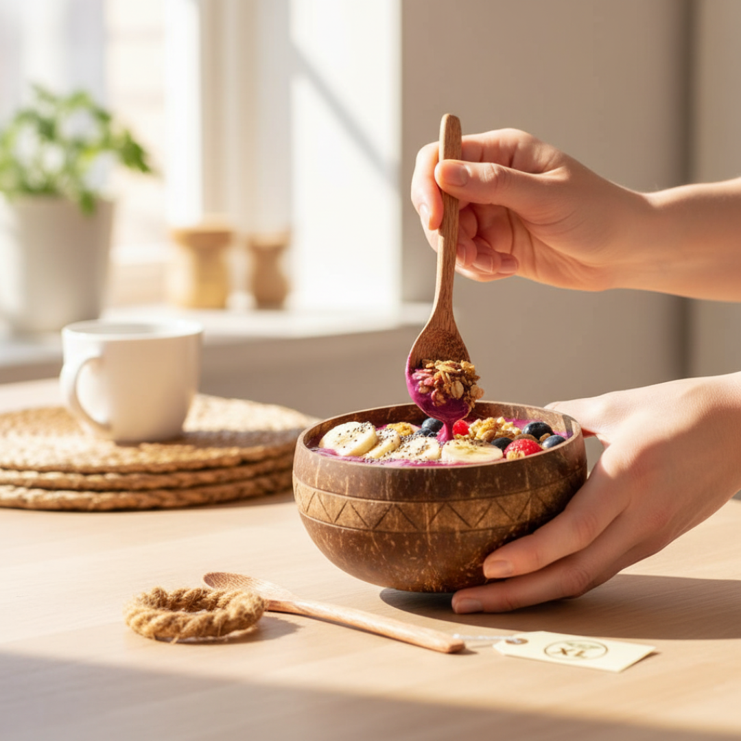 Jumbo Kokosnuss Schale ARUBA inkl. Kokosholzlöffel und Untersetzer aus Kokosfasern – Bild 4