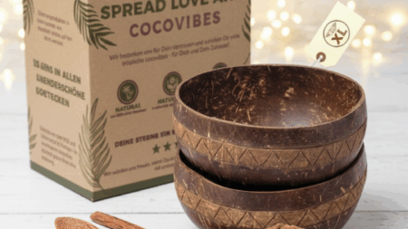 Jumbo Kokosnuss Schale ARUBA im 2er Set inkl. 2 Kokosholzlöffel und 2 Untersetzer