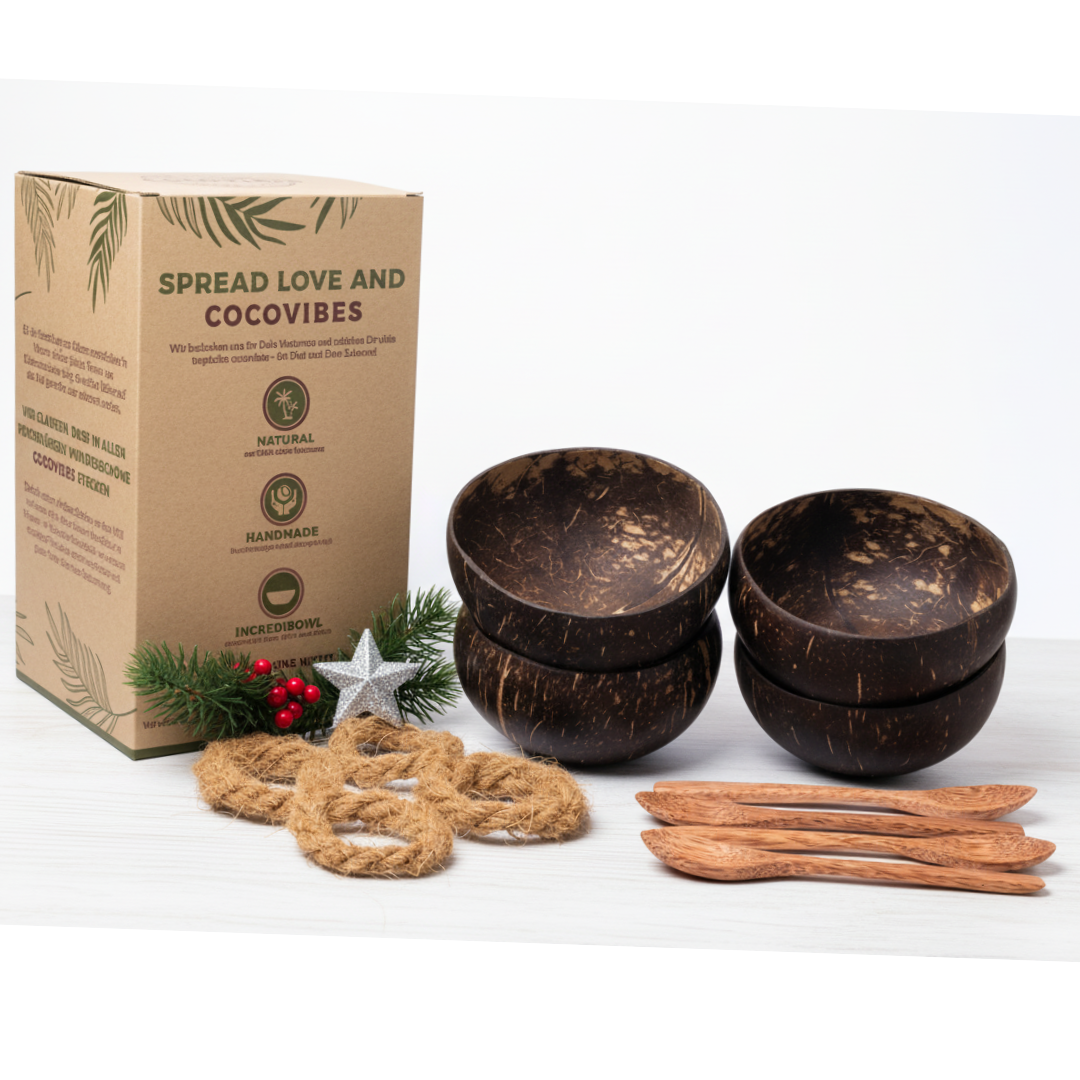 Kokosnuss Schale CLASSIC im 4er Set inkl. 4 Kokosholzlöffel und 4 Untersetzer - Family Set – Bild 9