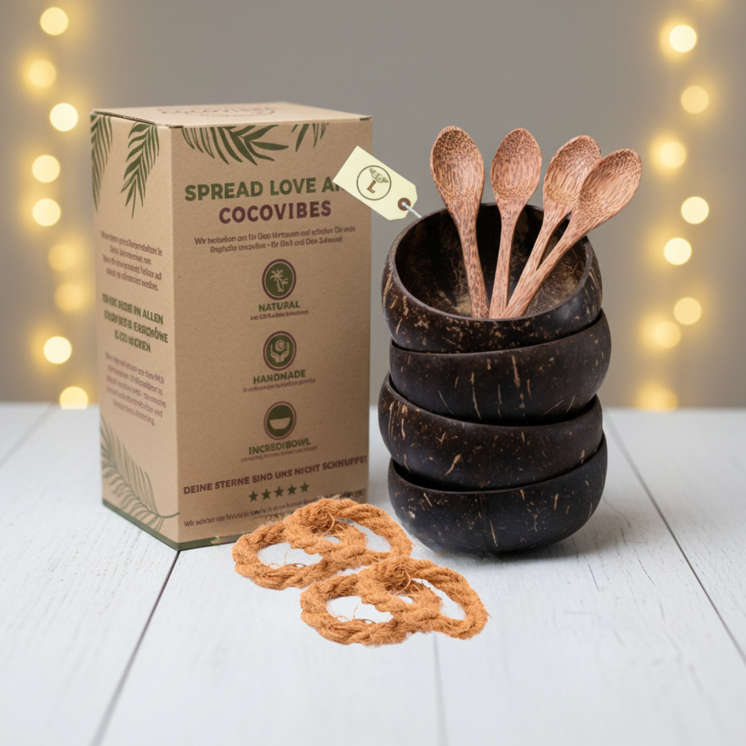 Kokosnuss Schale CLASSIC im 4er Set inkl. 4 Kokosholzlöffel und 4 Untersetzer - Family Set