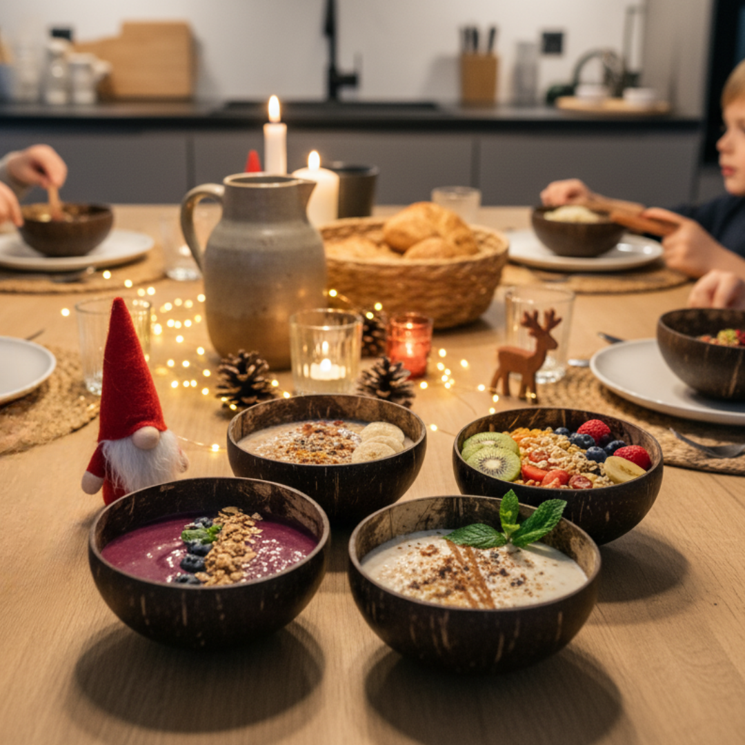 Kokosnuss Schale CLASSIC im 4er Set inkl. 4 Kokosholzlöffel und 4 Untersetzer - Family Set – Bild 5