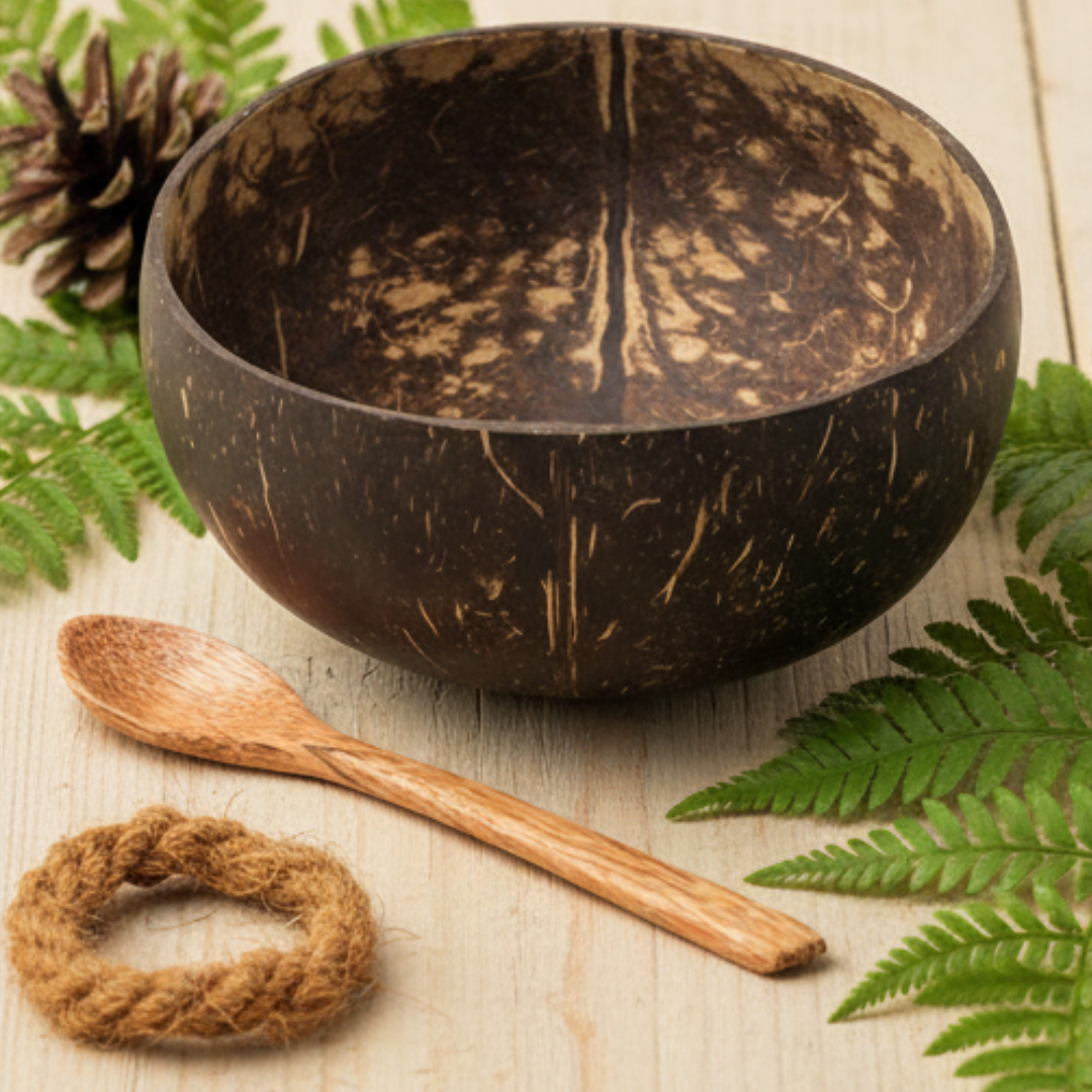 Kokosnuss Schale CLASSIC inkl. Kokosholzlöffel und Untersetzer aus Kokosfasern – Bild 7