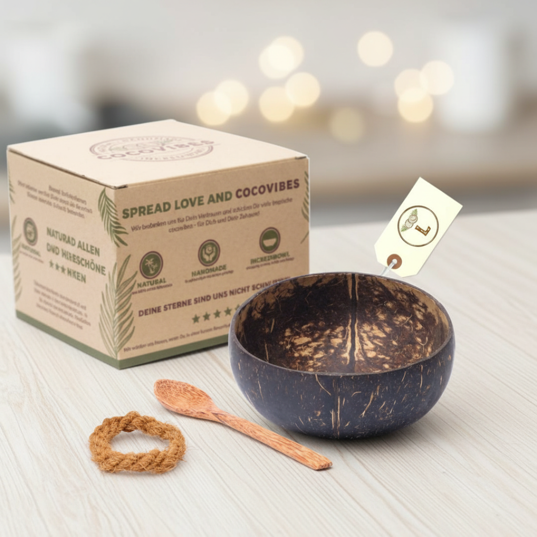 Kokosnuss Schale CLASSIC inkl. Kokosholzlöffel und Untersetzer aus Kokosfasern