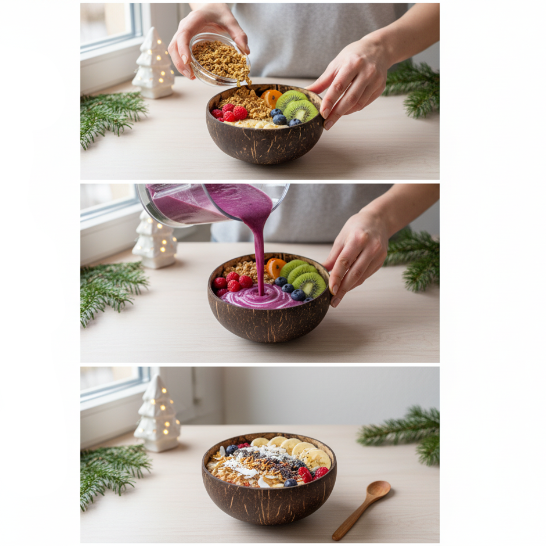 Kokosnuss Schale CLASSIC inkl. Kokosholzlöffel und Untersetzer aus Kokosfasern – Bild 3