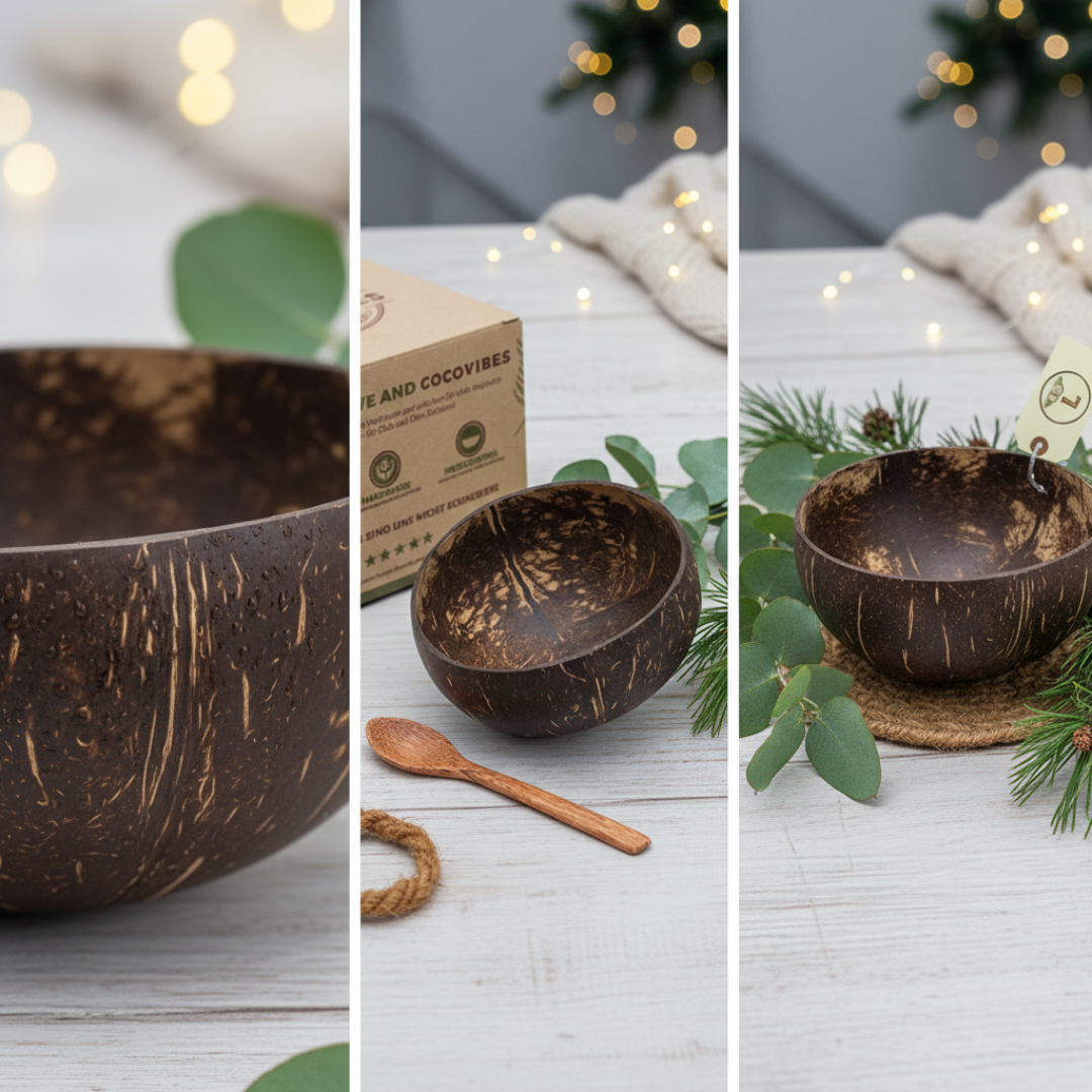 Kokosnuss Schale CLASSIC im 4er Set inkl. 4 Kokosholzlöffel und 4 Untersetzer - Family Set – Bild 8