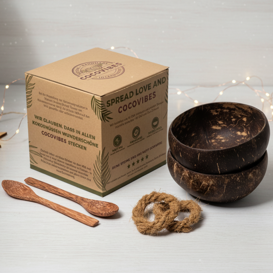 Kokosnuss Schale CLASSIC im 2er Set inkl. 2 Kokosholzlöffel und 2 Untersetzer