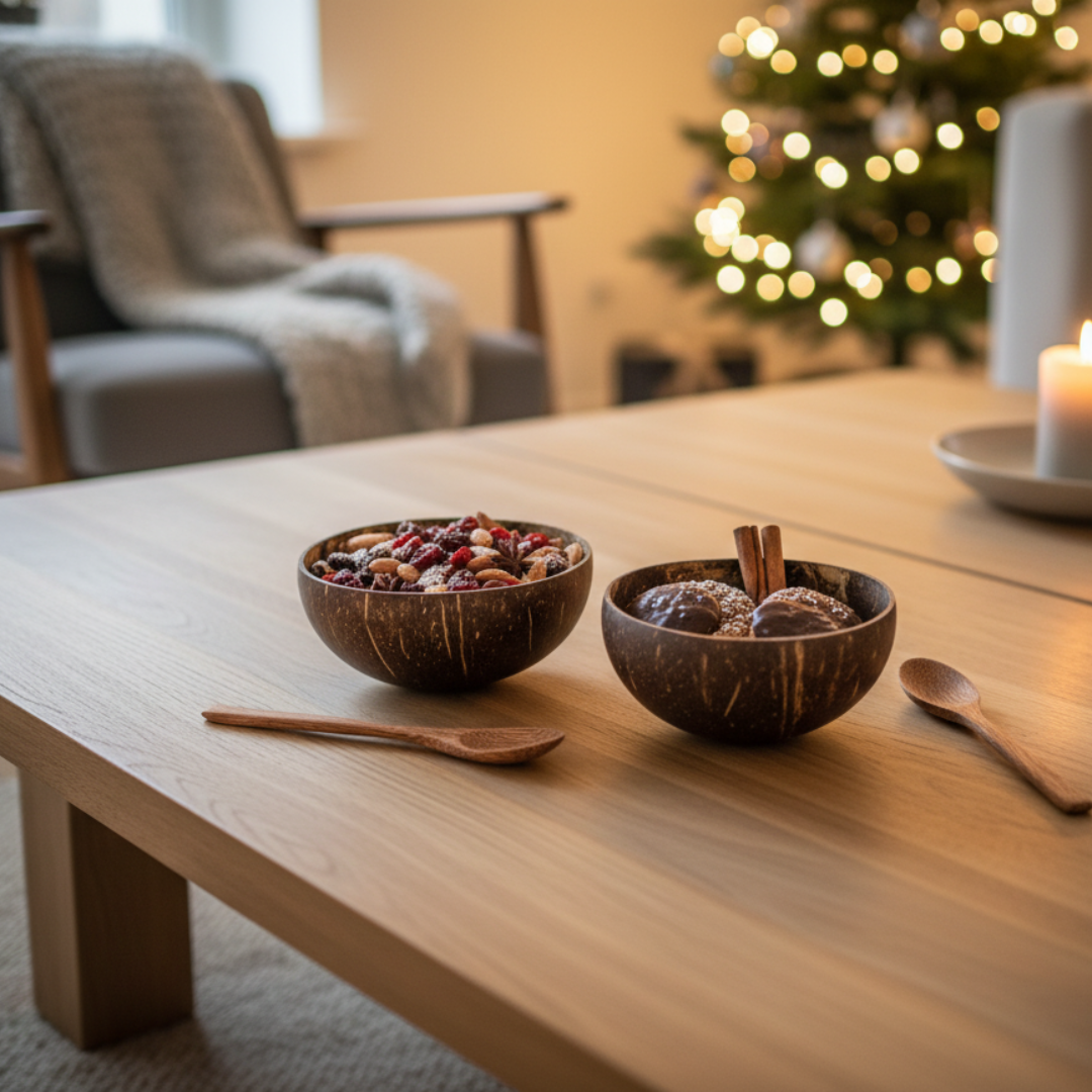 Kokosnuss Schale CLASSIC im 2er Set inkl. 2 Kokosholzlöffel und 2 Untersetzer – Bild 5