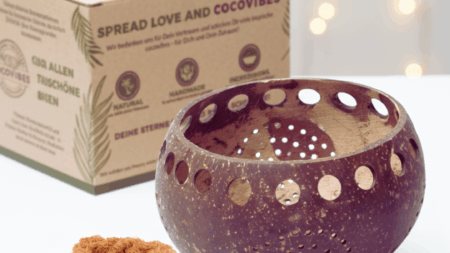 Kokosnuss Windlicht GOA mit handgeknüpften Untersetzer aus recycelten Kokosfasern