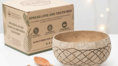 Jumbo Kokosnuss Schale HAWAII inkl. Kokosholzlöffel und Untersetzer aus Kokosfasern