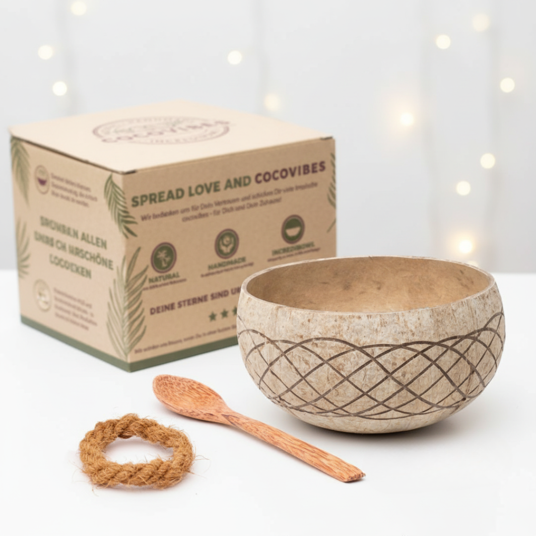 Jumbo Kokosnuss Schale HAWAII inkl. Kokosholzlöffel und Untersetzer aus Kokosfasern