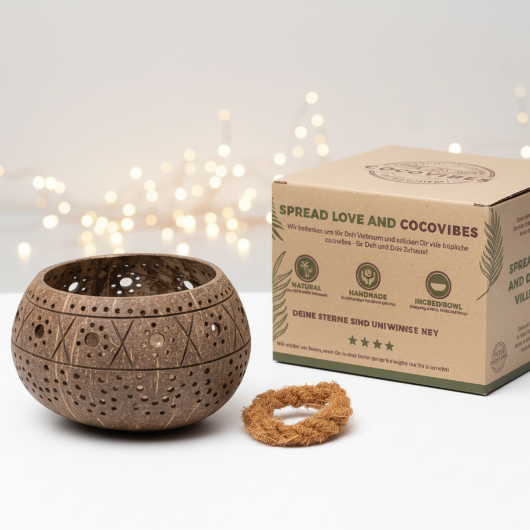 Kokosnuss Windlicht HIPPIE mit handgeknüpften Untersetzer aus recycelten Kokosfasern