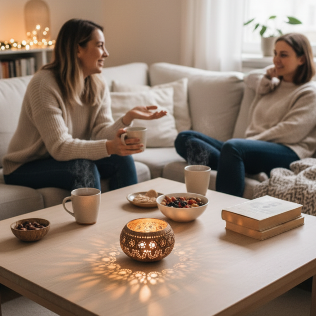 Kokosnuss Windlicht HIPPIE mit handgeknüpften Untersetzer aus recycelten Kokosfasern – Bild 3