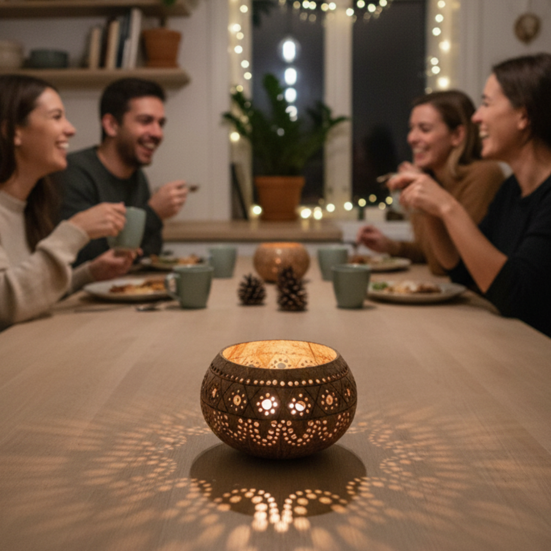 Kokosnuss Windlicht HIPPIE mit handgeknüpften Untersetzer aus recycelten Kokosfasern – Bild 4