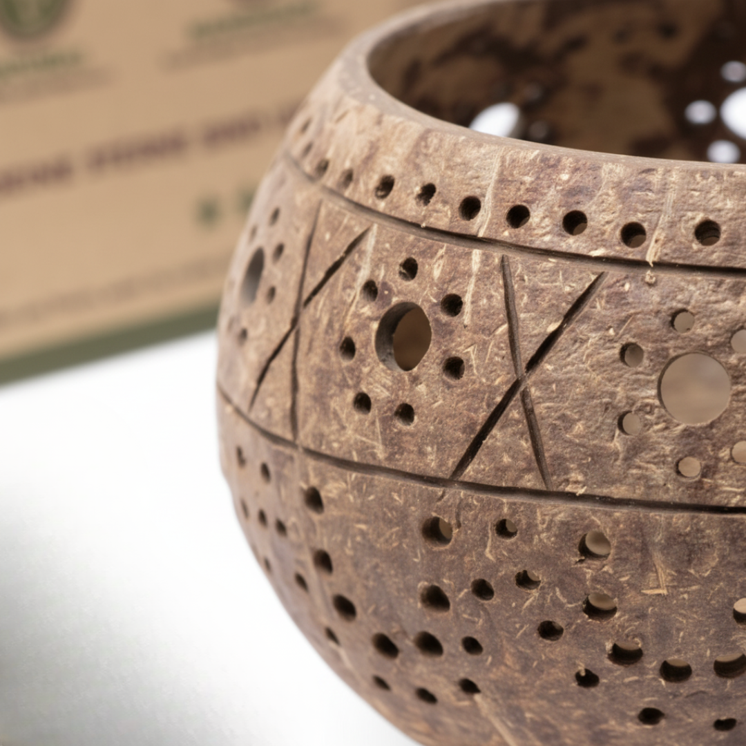 Kokosnuss Windlicht HIPPIE mit handgeknüpften Untersetzer aus recycelten Kokosfasern – Bild 10