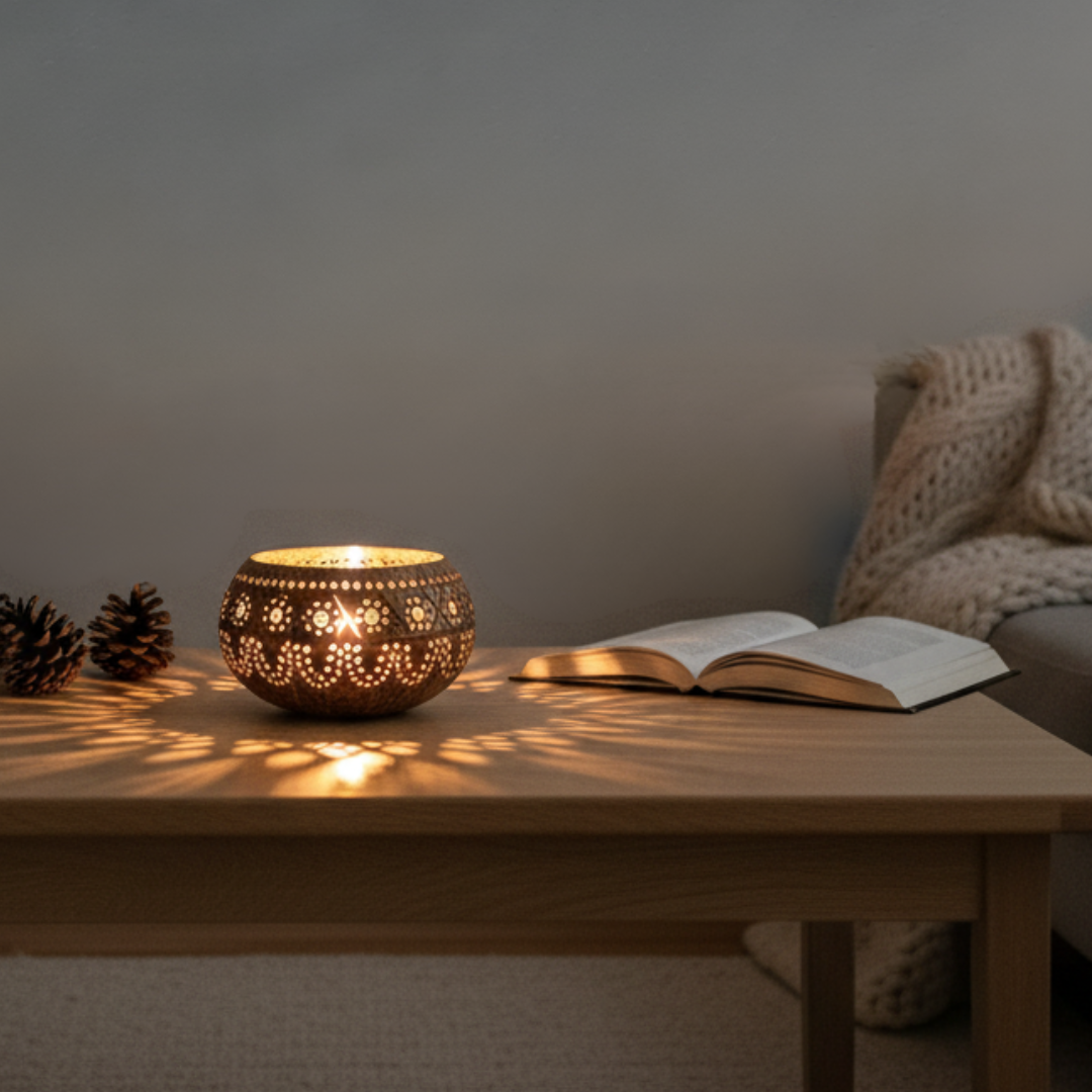 Kokosnuss Windlicht HIPPIE mit handgeknüpften Untersetzer aus recycelten Kokosfasern – Bild 6