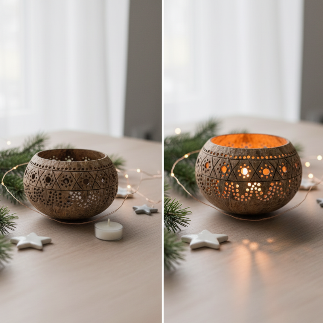 Kokosnuss Windlicht HIPPIE mit handgeknüpften Untersetzer aus recycelten Kokosfasern – Bild 7