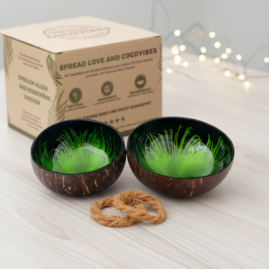 Kokosnuss Schale JADE im 2er-Set Splash grün inkl. 2 Untersetzer aus Kokosfasern