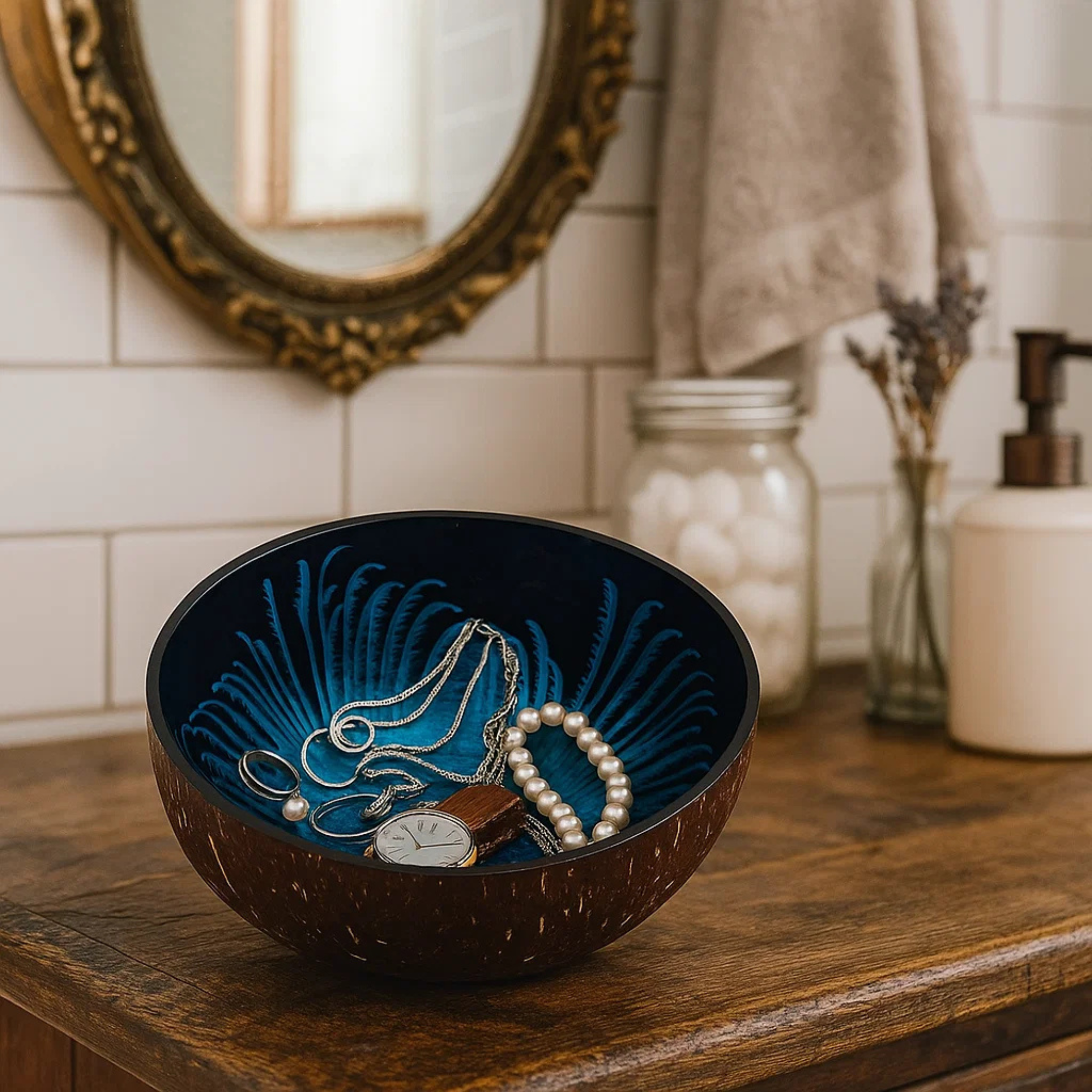 Kokosnuss Schale OCEAN Splash blau inkl. Untersetzer aus Kokosfasern – Bild 9