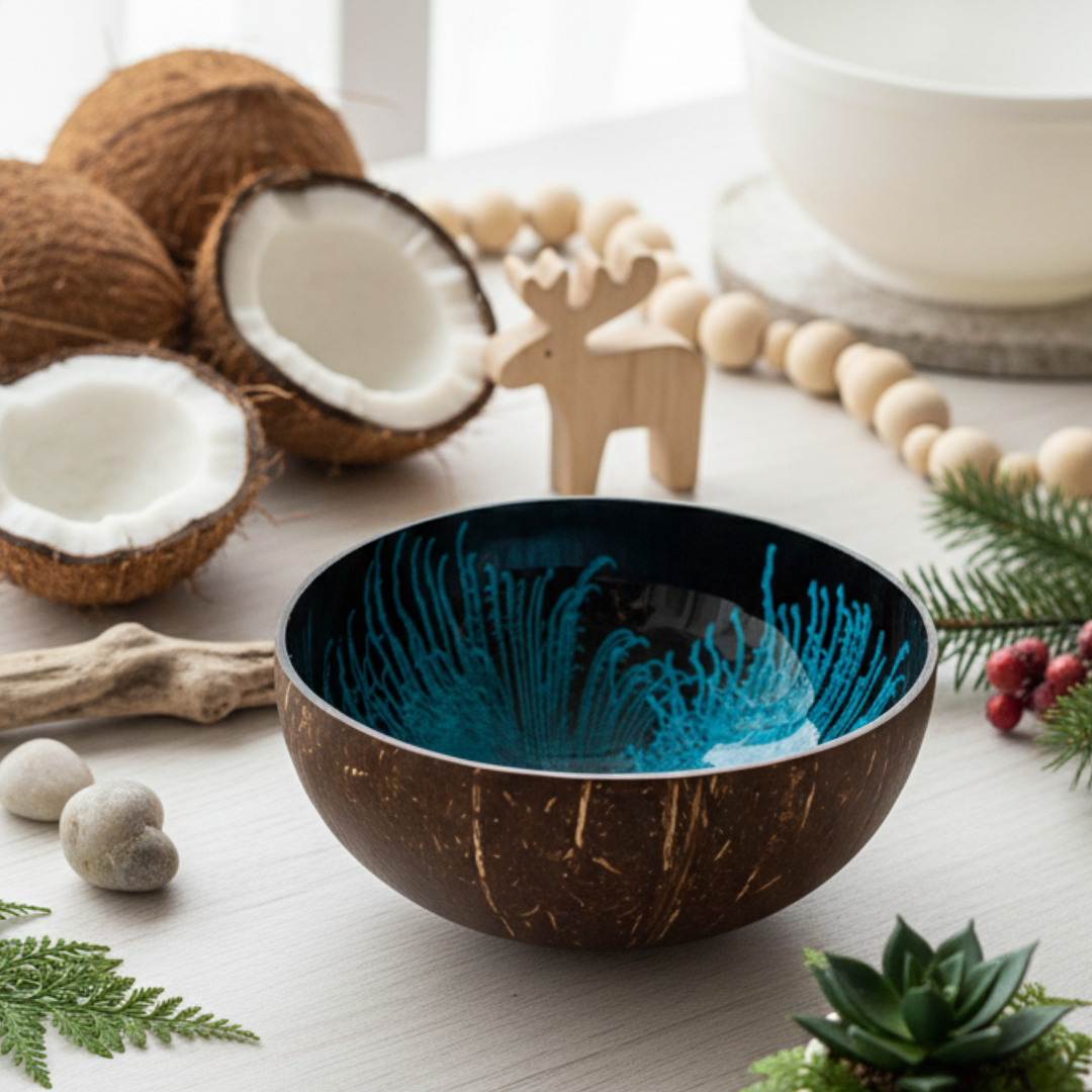 Kokosnuss Schale OCEAN Splash blau inkl. Untersetzer aus Kokosfasern – Bild 7