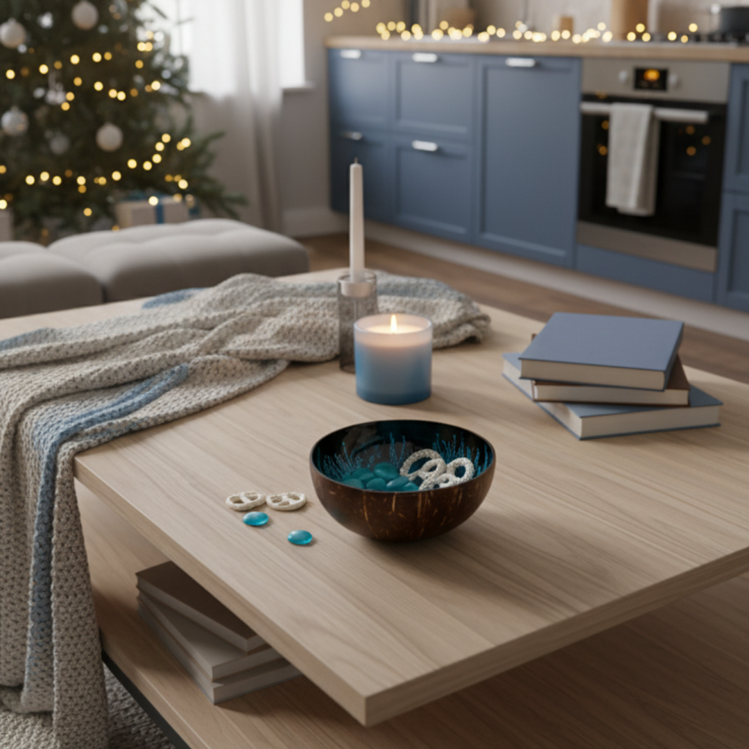 Kokosnuss Schale OCEAN Splash blau inkl. Untersetzer aus Kokosfasern – Bild 4