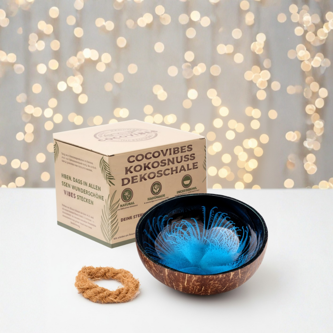 Kokosnuss Schale OCEAN Splash blau inkl. Untersetzer aus Kokosfasern
