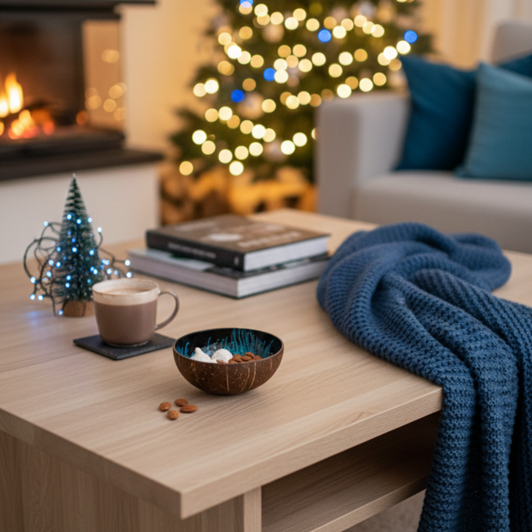 Kokosnuss Schale OCEAN Splash blau inkl. Untersetzer aus Kokosfasern – Bild 3