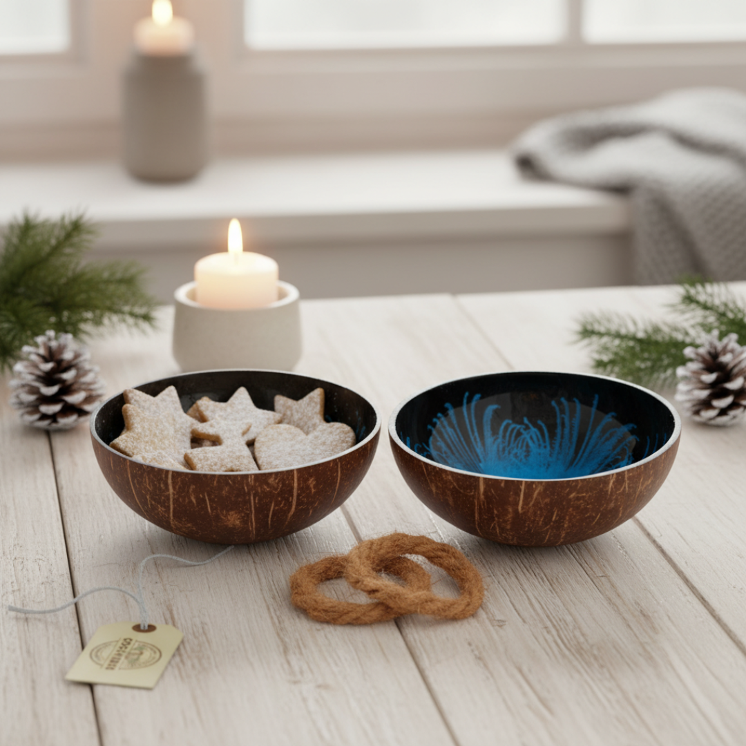 Kokosnuss Schale OCEAN im 2er-Set Splash blau inkl. 2 Untersetzer aus Kokosfasern – Bild 3