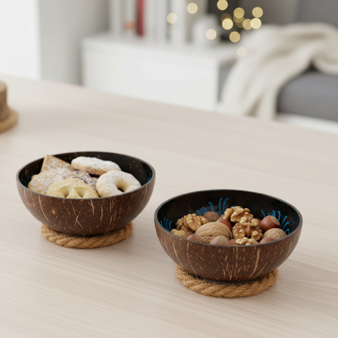 Kokosnuss Schale OCEAN im 2er-Set Splash blau inkl. 2 Untersetzer aus Kokosfasern – Bild 4