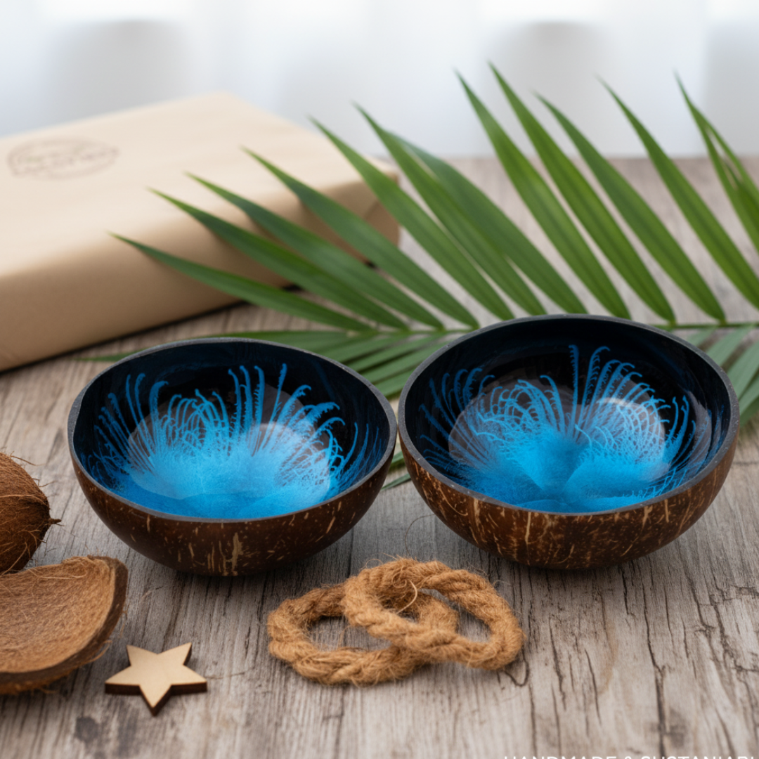 Kokosnuss Schale OCEAN im 2er-Set Splash blau inkl. 2 Untersetzer aus Kokosfasern – Bild 7