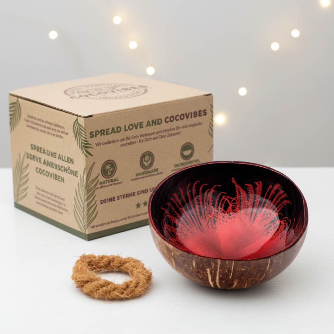 Kokosnuss Schale RUBY Splash rot inkl. Untersetzer aus Kokosfasern
