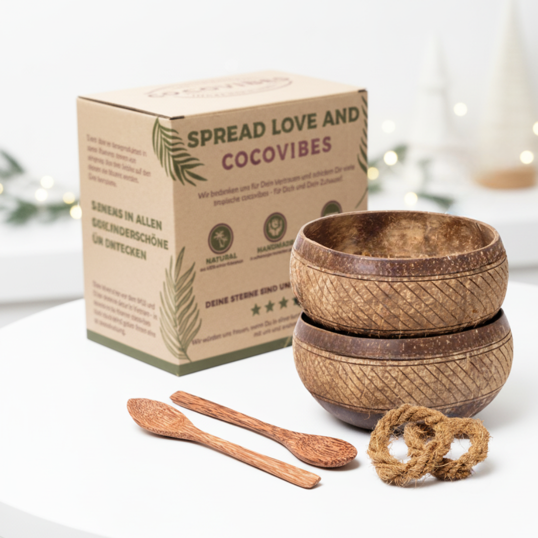 Jumbo Kokosnuss Schale SAMOA im 2er Set inkl. 2 Kokosholzlöffel und 2 Untersetzer