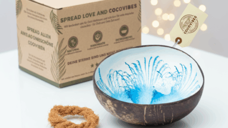 Kokosnuss Schale SAPPHIRE Splash blau inkl. Untersetzer aus Kokosfasern