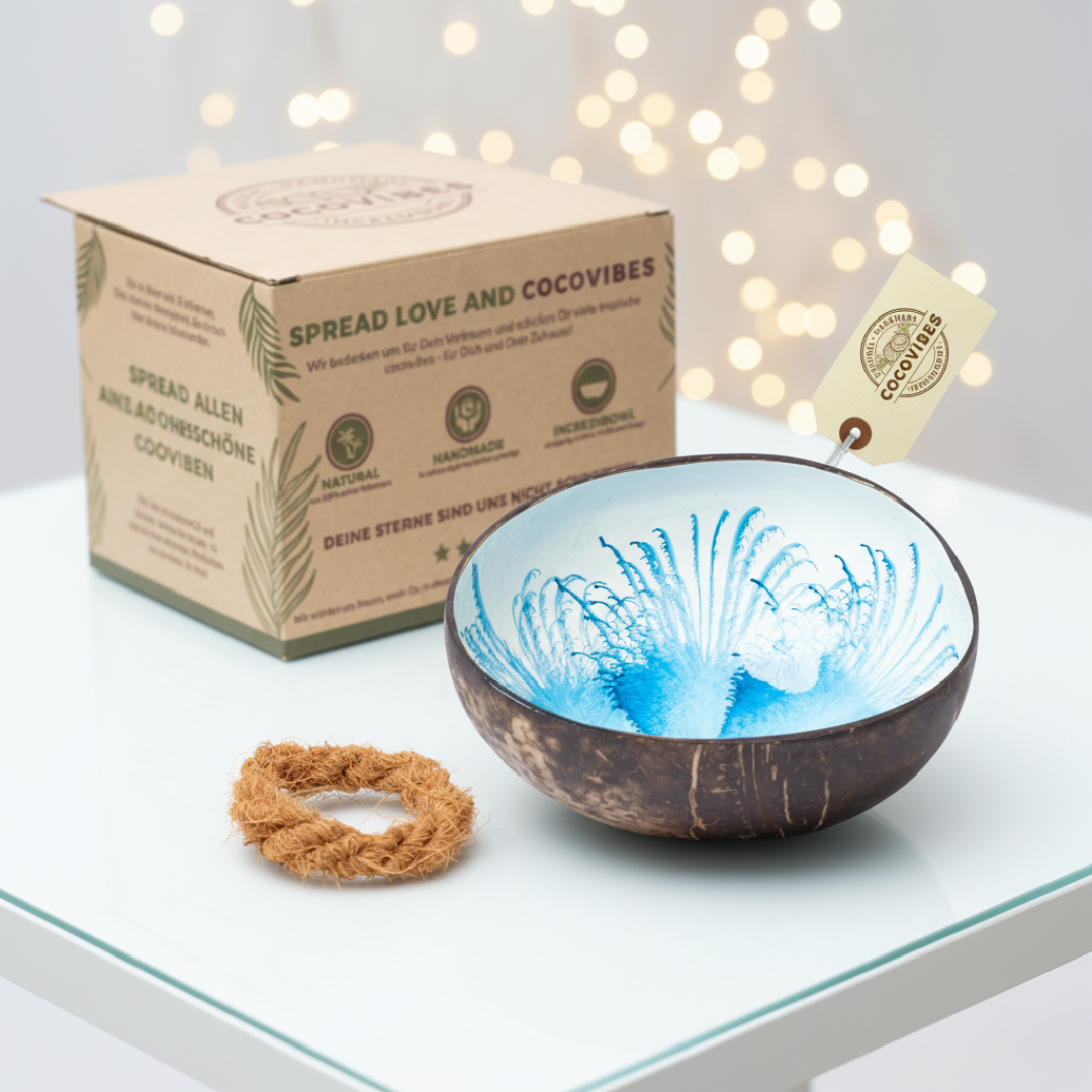 Kokosnuss Schale SAPPHIRE Splash blau inkl. Untersetzer aus Kokosfasern