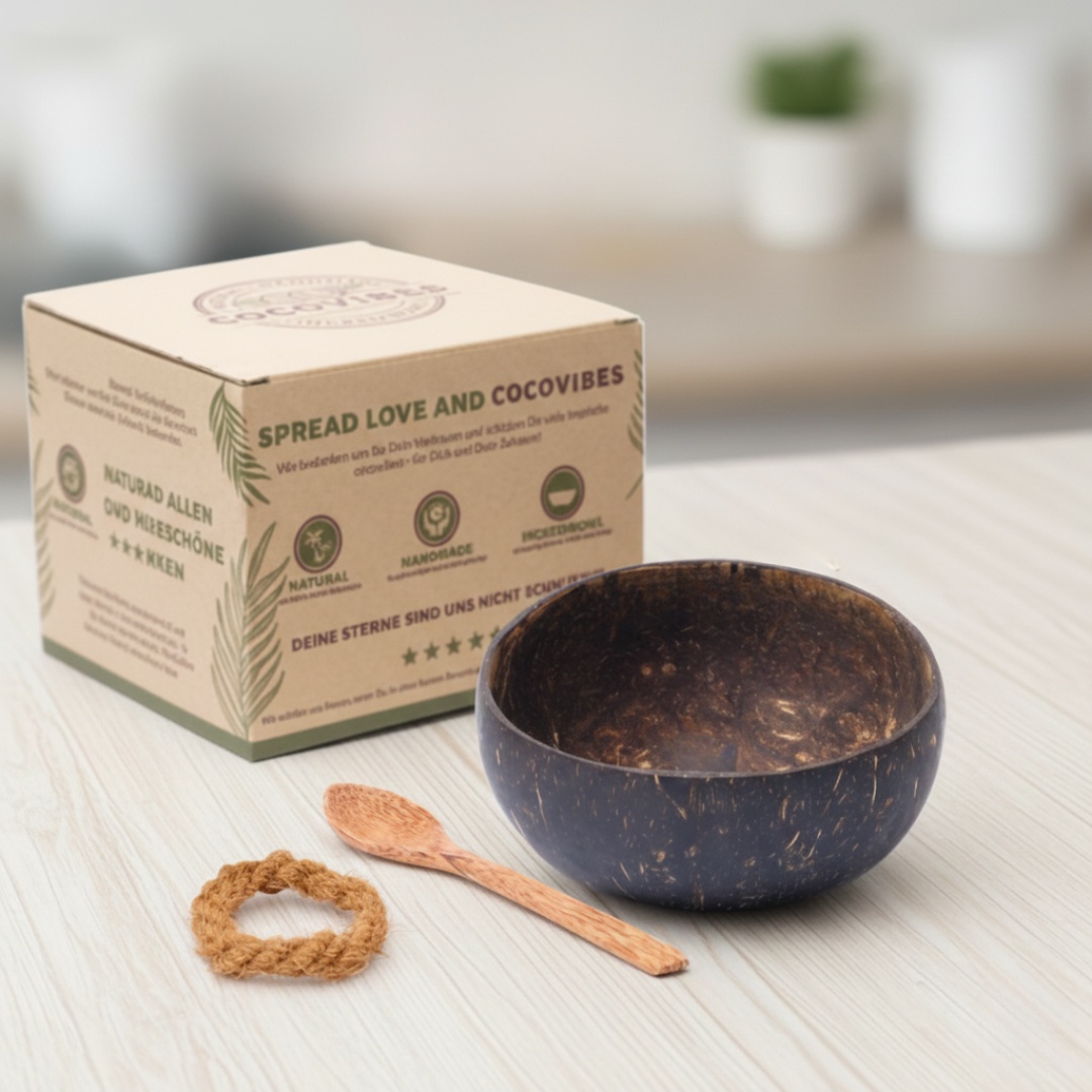 Kokosnuss Schale CLASSIC inkl. Kokosholzlöffel und Untersetzer aus Kokosfasern