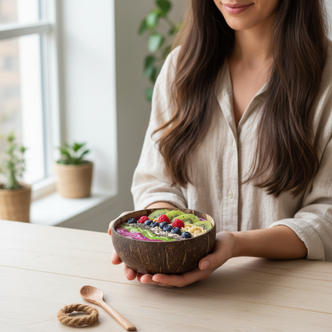 Kokosnuss Schale CLASSIC inkl. Kokosholzlöffel und Untersetzer aus Kokosfasern – Bild 3