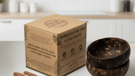 Kokosnuss Schale CLASSIC im 2er Set inkl. 2 Kokosholzlöffel und 2 Untersetzer