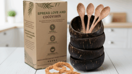 Kokosnuss Schale CLASSIC im 4er Set inkl. 4 Kokosholzlöffel und 4 Untersetzer - Family Set