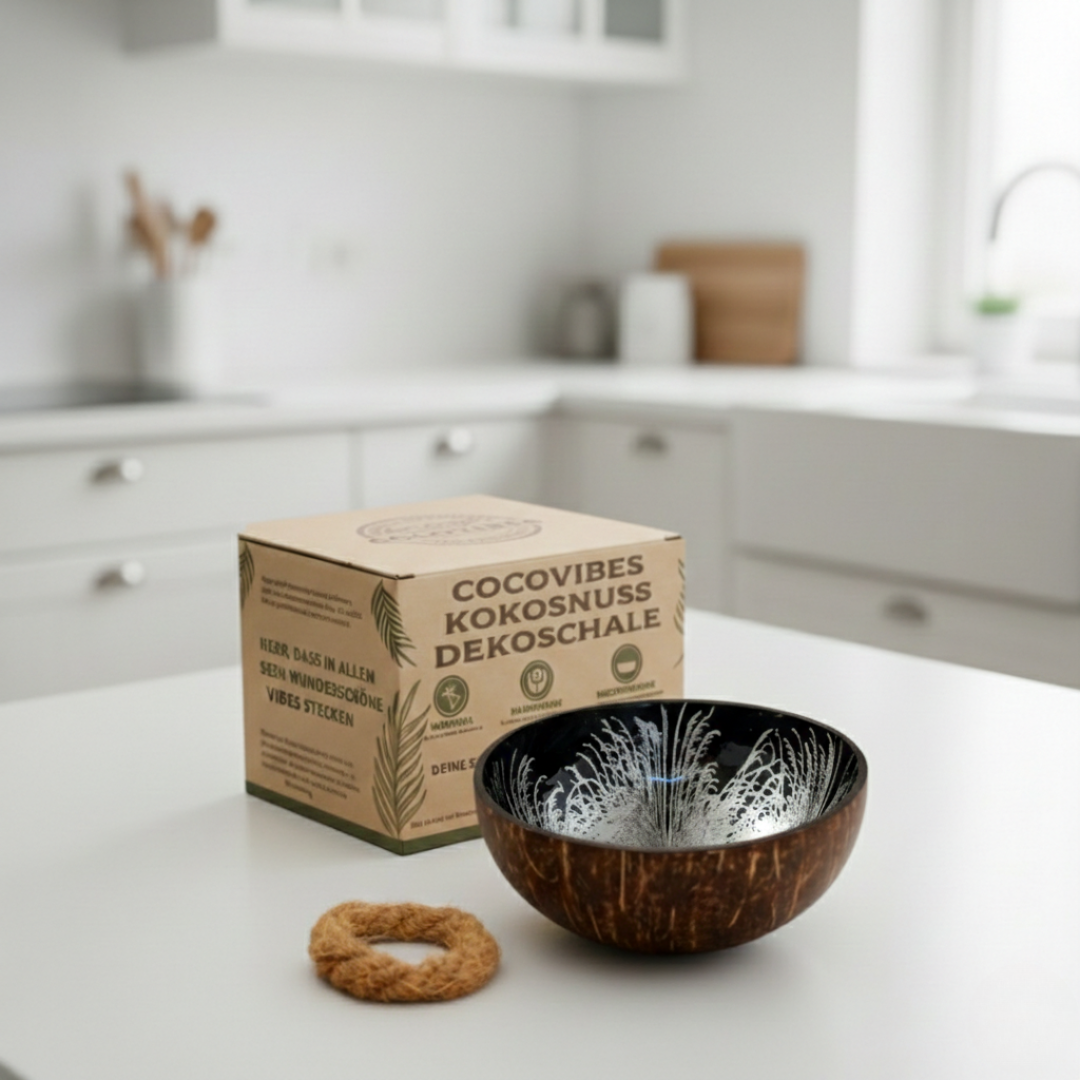 Kokosnuss Schale DIAMOND Splash silber inkl. Untersetzer aus Kokosfasern