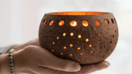 Kokosnuss Windlicht GOA mit handgeknüpften Untersetzer aus recycelten Kokosfasern