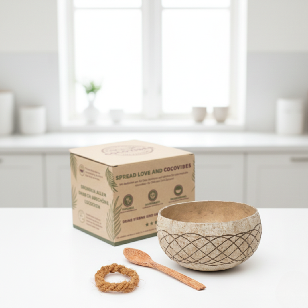 Jumbo Kokosnuss Schale HAWAII inkl. Kokosholzlöffel und Untersetzer aus Kokosfasern