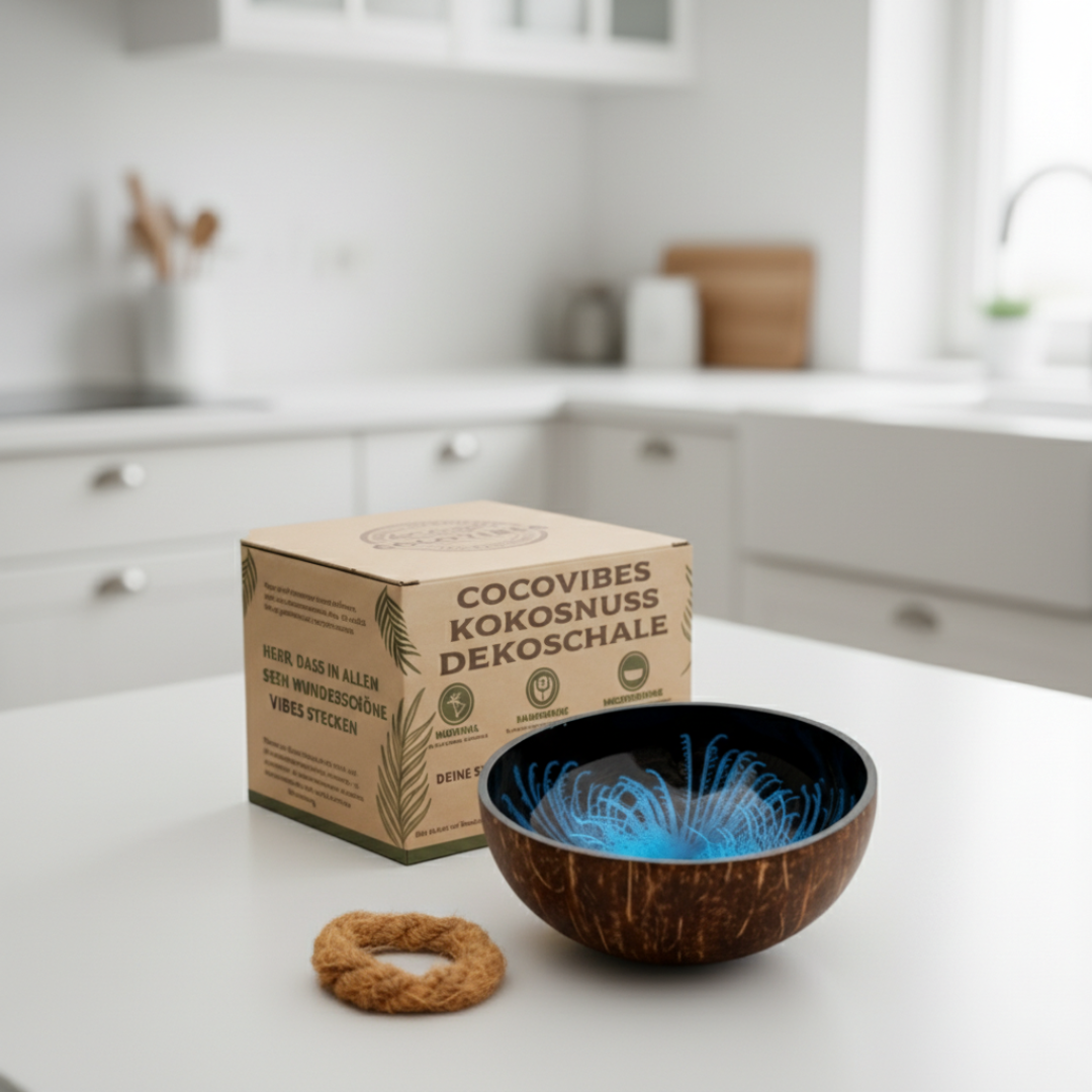 Kokosnuss Schale OCEAN Splash blau inkl. Untersetzer aus Kokosfasern