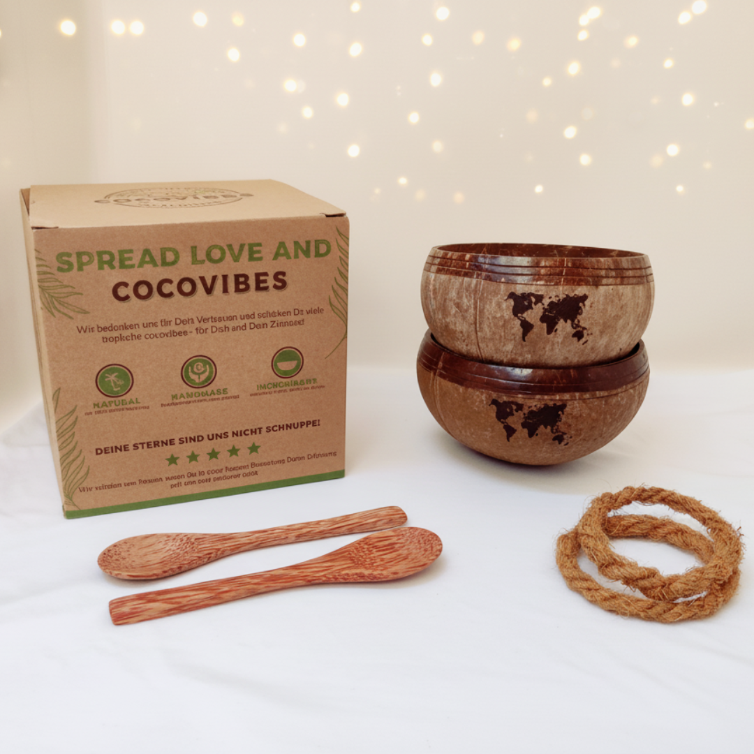 Jumbo Kokosnuss Schale ONE WORLD im 2er Set inkl. 2 Kokosholzlöffel und 2 Untersetzer