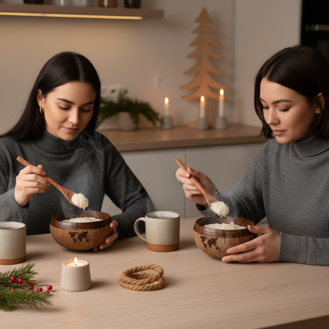 Jumbo Kokosnuss Schale ONE WORLD im 2er Set inkl. 2 Kokosholzlöffel und 2 Untersetzer – Bild 3