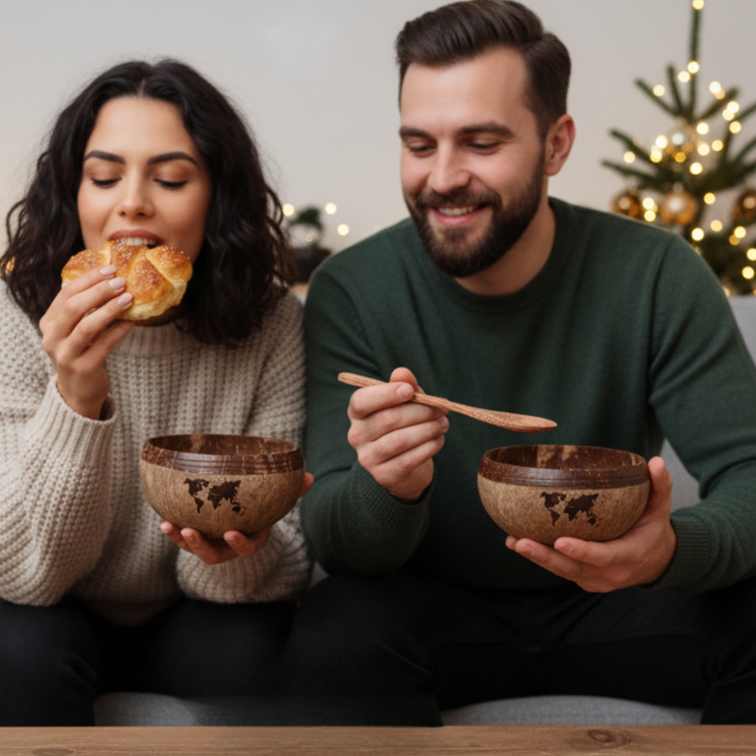 Jumbo Kokosnuss Schale ONE WORLD im 2er Set inkl. 2 Kokosholzlöffel und 2 Untersetzer – Bild 4